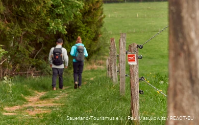 Im Vordergrund sieht man die Wegemarkierung des Rothaarsteigs, im Hintergrund sieht man verschwommen zwei Wanderer