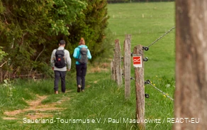 Im Vordergrund sieht man die Wegemarkierung des Rothaarsteigs, im Hintergrund sieht man verschwommen zwei Wanderer
