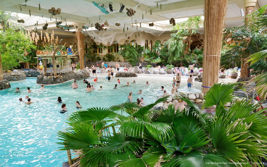 Das Schwimmbad im Center Parcs Hochsauerland mit vielen Menschen und Palmen, Netzen und Steinen als Dekoration.